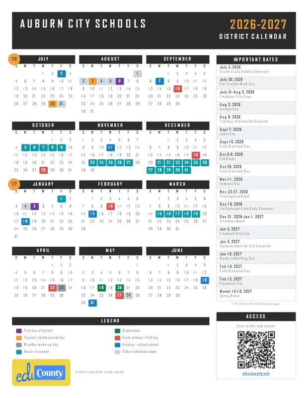 AUBURN CITY SCHOOLS printable 2026-27 calendar