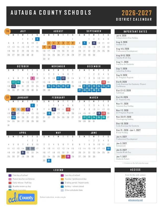 Autauga County Schools printable 2026-27 calendar