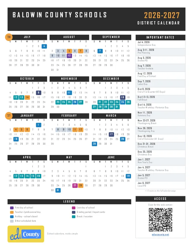 Baldwin County Schools printable 2026-27 calendar