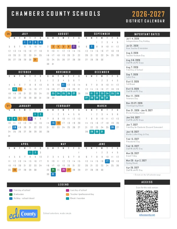 Chambers County Schools printable 2026-27 calendar