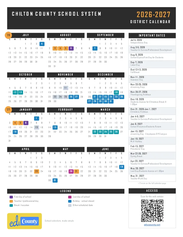 Chilton County School System printable 2026-27 calendar