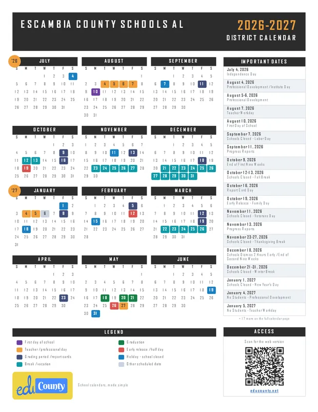Escambia County Schools printable 2026-27 calendar