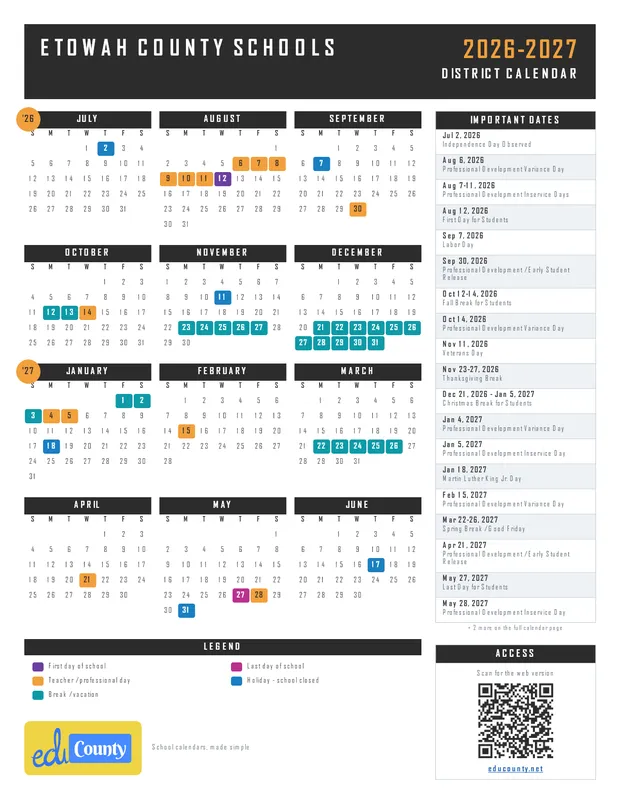 Etowah County Schools printable 2026-27 calendar