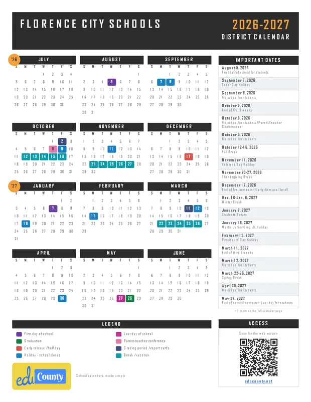 Florence City Schools printable 2026-27 calendar