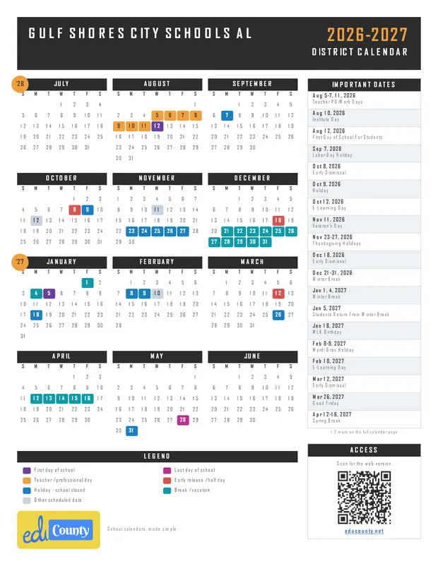 Gulf Shores City Schools printable 2026-27 calendar