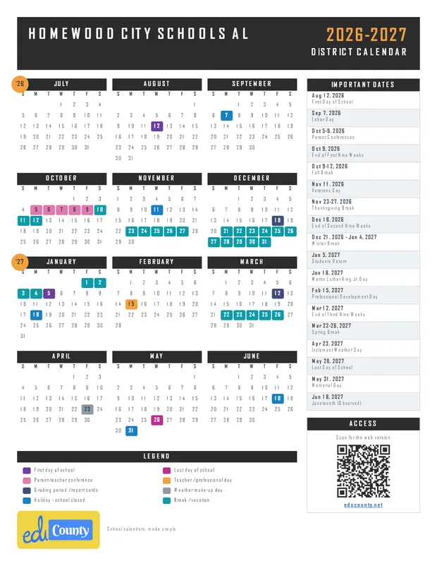 Homewood City Schools printable 2026-27 calendar