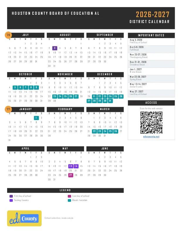 Houston County Board of Education printable 2026-27 calendar