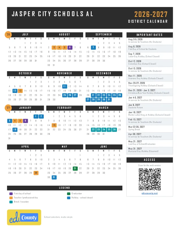 Jasper City Schools printable 2026-27 calendar