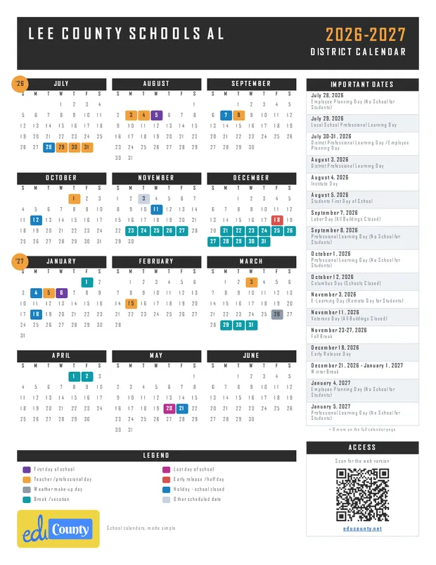 Lee County Schools printable 2026-27 calendar