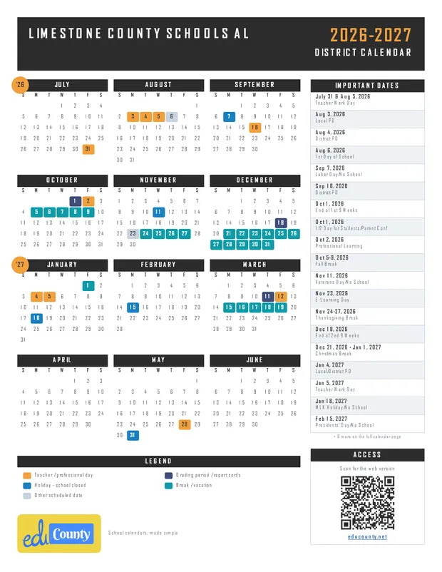 Limestone County Schools printable 2026-27 calendar