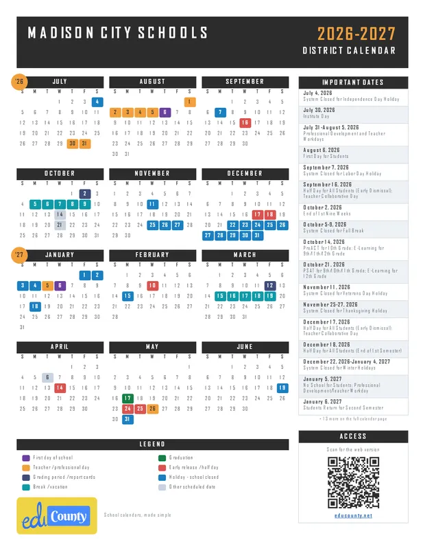 Madison City Schools printable 2026-27 calendar