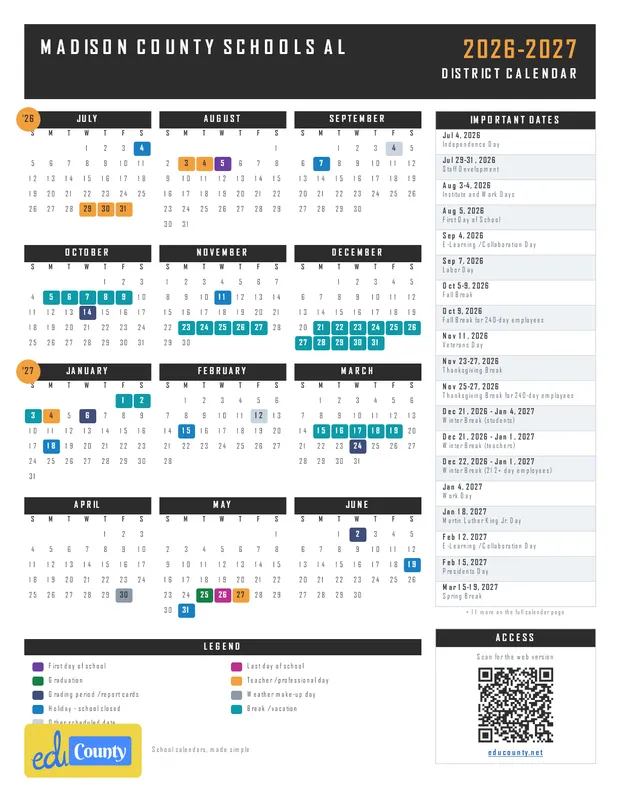 Madison County Schools printable 2026-27 calendar