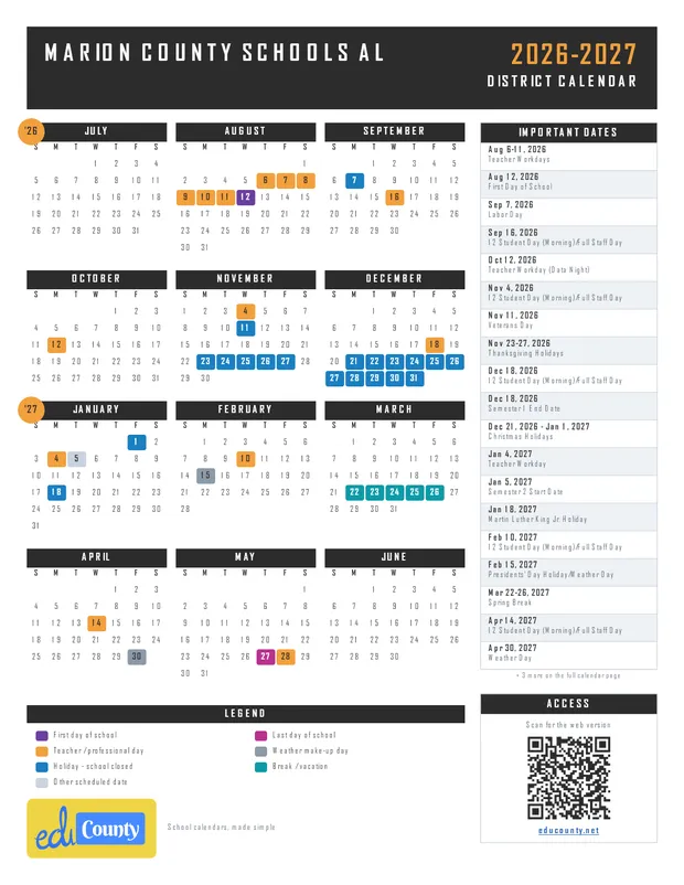 Marion County Schools printable 2026-27 calendar