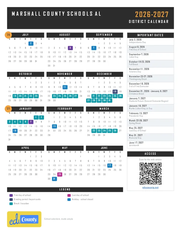 Marshall County Schools printable 2026-27 calendar
