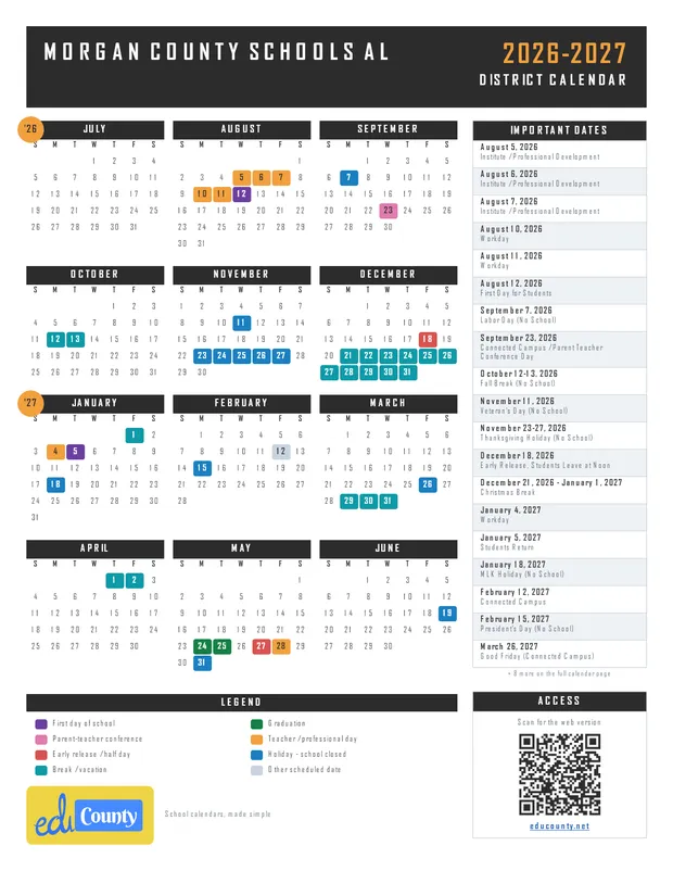 Morgan County Schools printable 2026-27 calendar