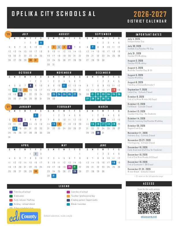 Opelika City Schools printable 2026-27 calendar