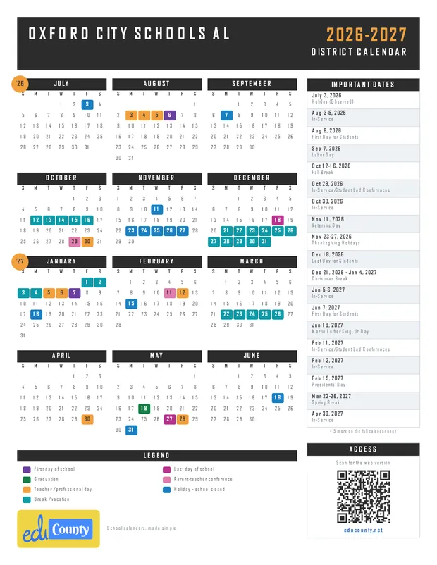 Oxford City Schools printable 2026-27 calendar