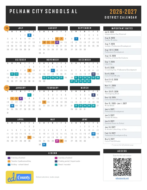 Pelham City Schools printable 2026-27 calendar