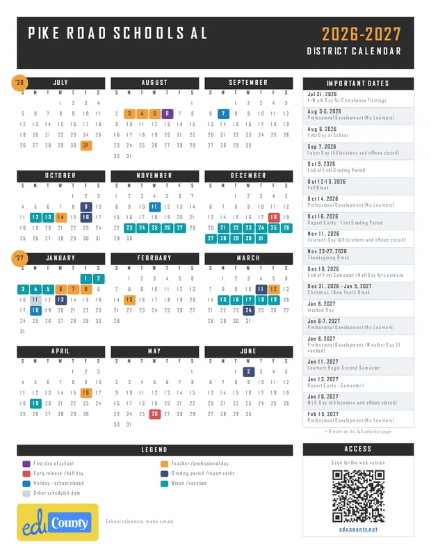 Pike Road Schools printable 2026-27 calendar