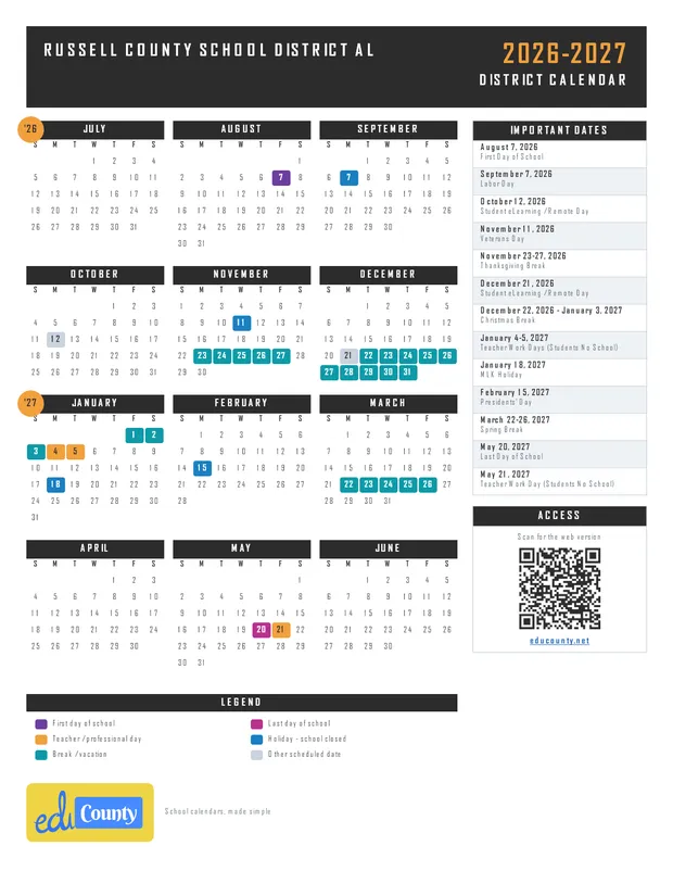 Russell County School District printable 2026-27 calendar