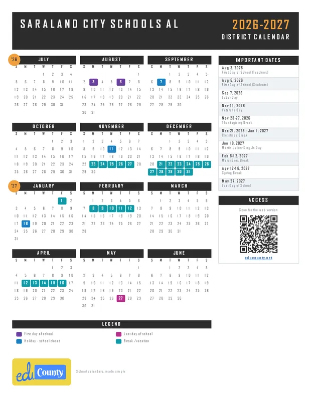Saraland City Schools printable 2026-27 calendar