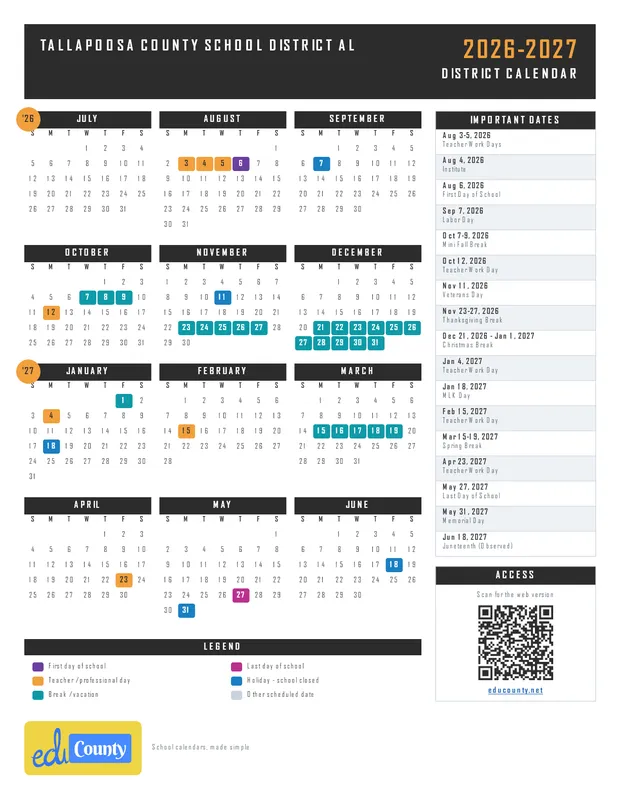 Tallapoosa County School District printable 2026-27 calendar