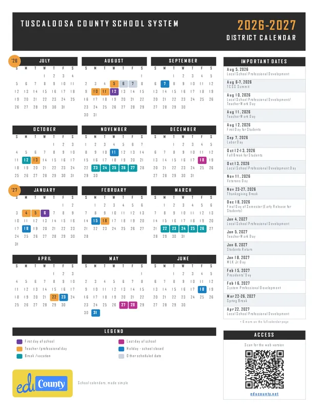 Tuscaloosa County School System printable 2026-27 calendar