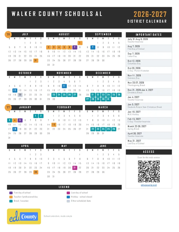 Walker County Schools printable 2026-27 calendar