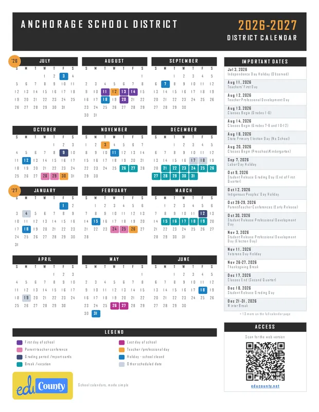 Anchorage School District printable 2026-27 calendar