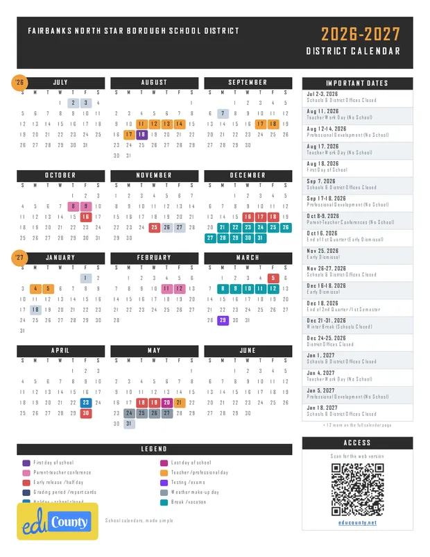 Fairbanks North Star Borough School District printable 2026-27 calendar