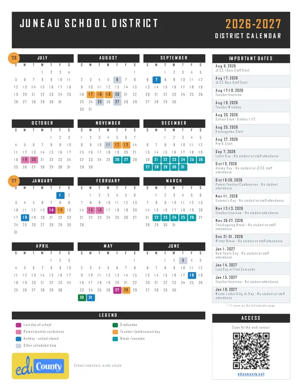 Juneau School District printable 2026-27 calendar