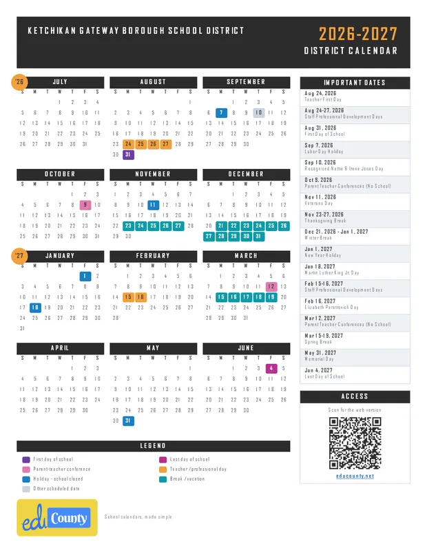 Ketchikan Gateway Borough School District printable 2026-27 calendar