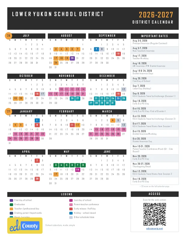 Lower Yukon School District LYSD printable 2026-27 calendar
