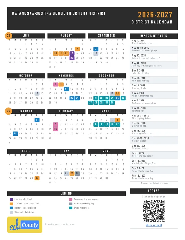 Matanuska-Susitna Borough School District printable 2026-27 calendar