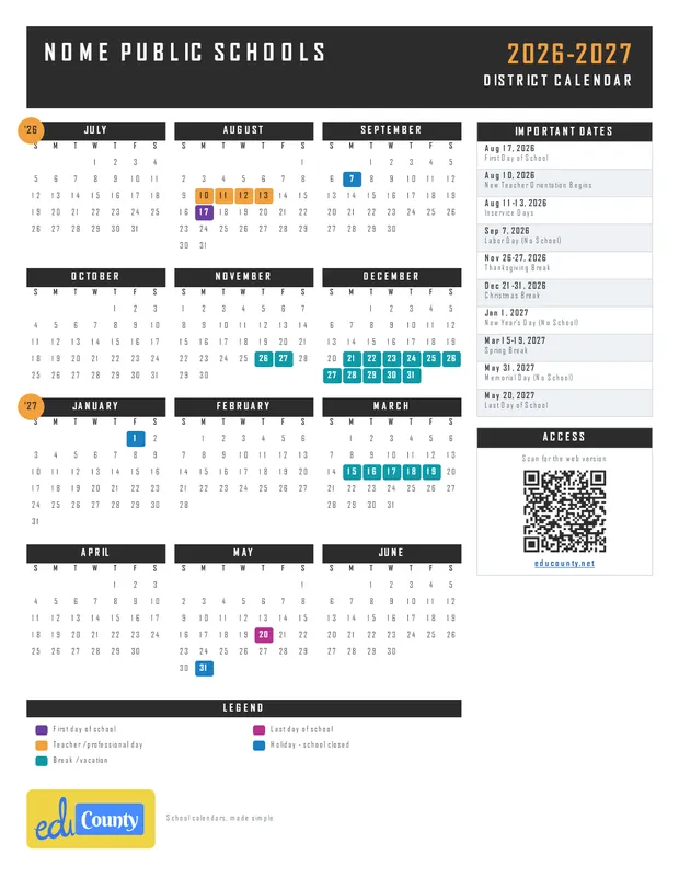 Nome Public Schools printable 2026-27 calendar