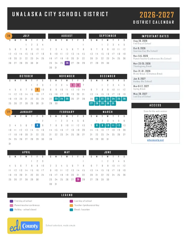 Unalaska City School District printable 2026-27 calendar