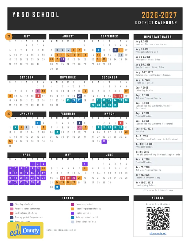 YKSD School printable 2026-27 calendar