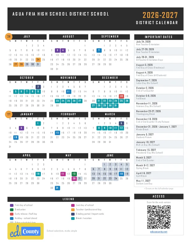 Agua Fria High School District School printable 2026-27 calendar