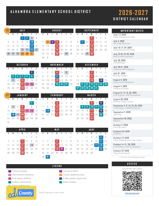 Alhambra Elementary School District printable 2026-27 calendar