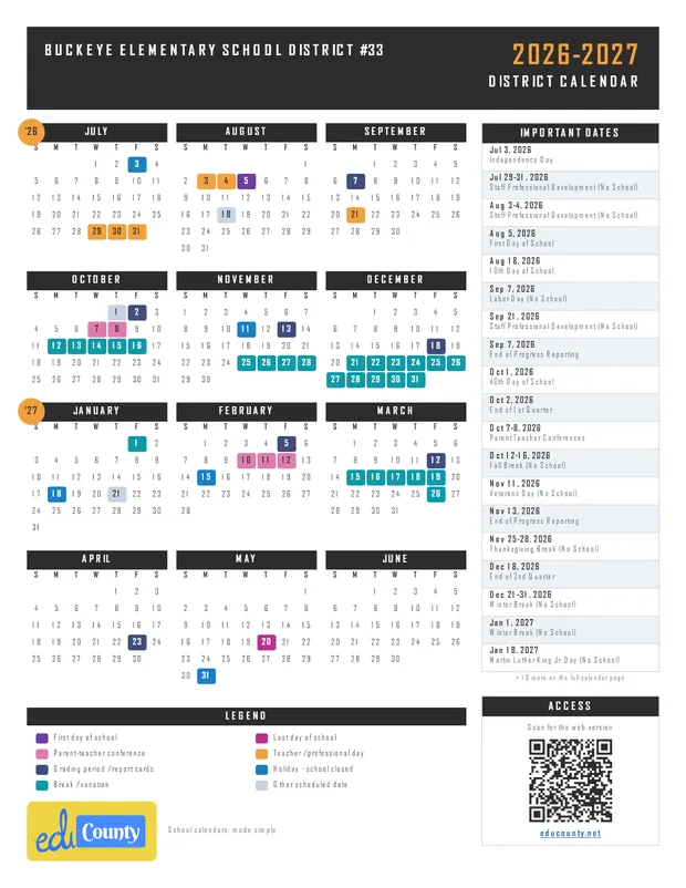 Buckeye Elementary School District #33 printable 2026-27 calendar
