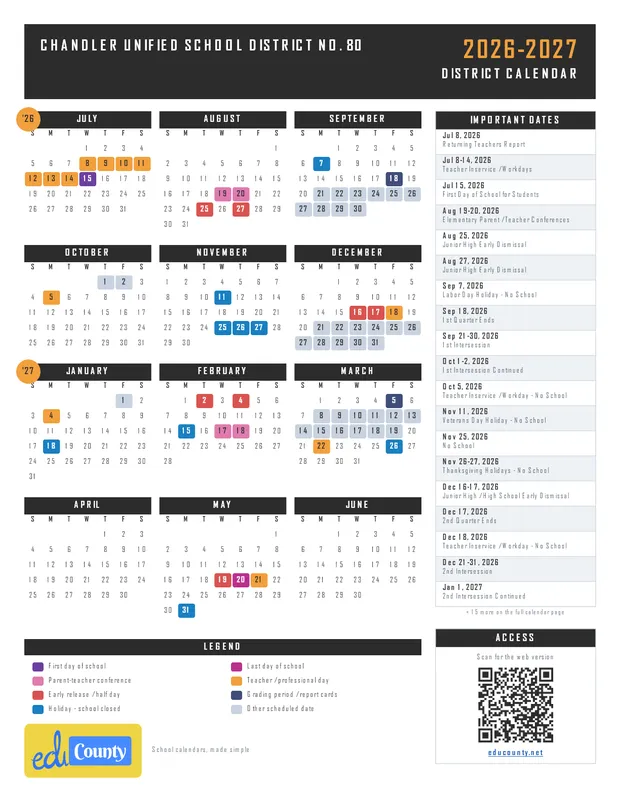 Chandler Unified School District No. 80 printable 2026-27 calendar