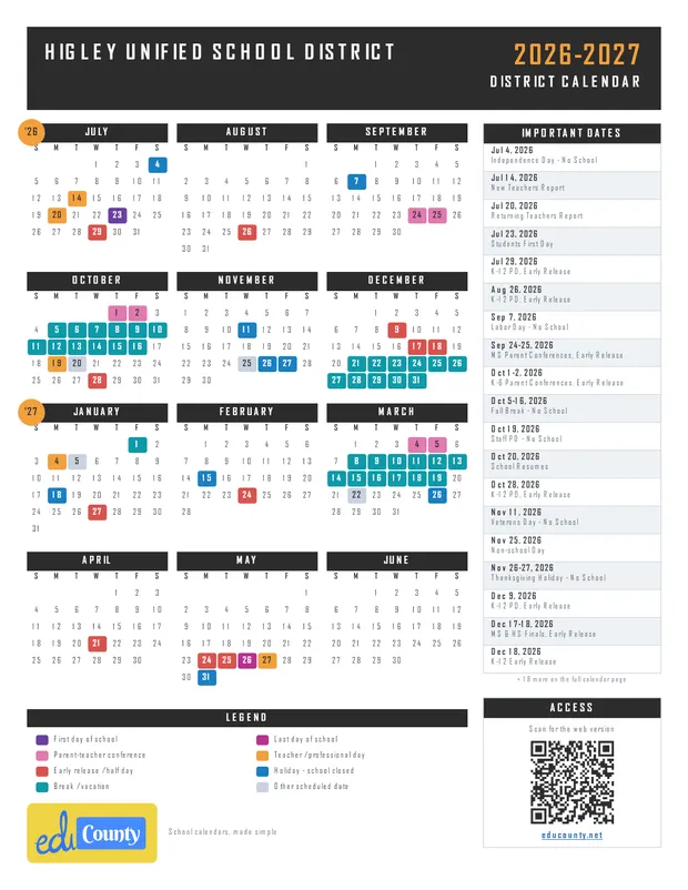 Higley Unified School District printable 2026-27 calendar