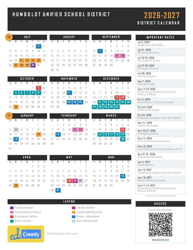 Humboldt Unified School District printable 2026-27 calendar