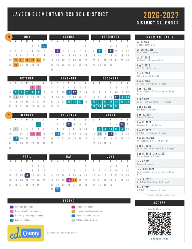 Laveen Elementary School District printable 2026-27 calendar