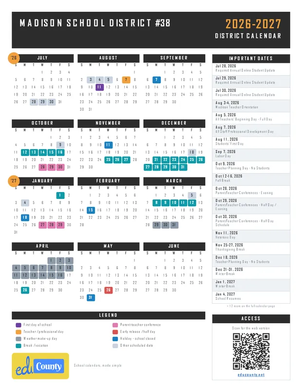 Madison School District #38 printable 2026-27 calendar