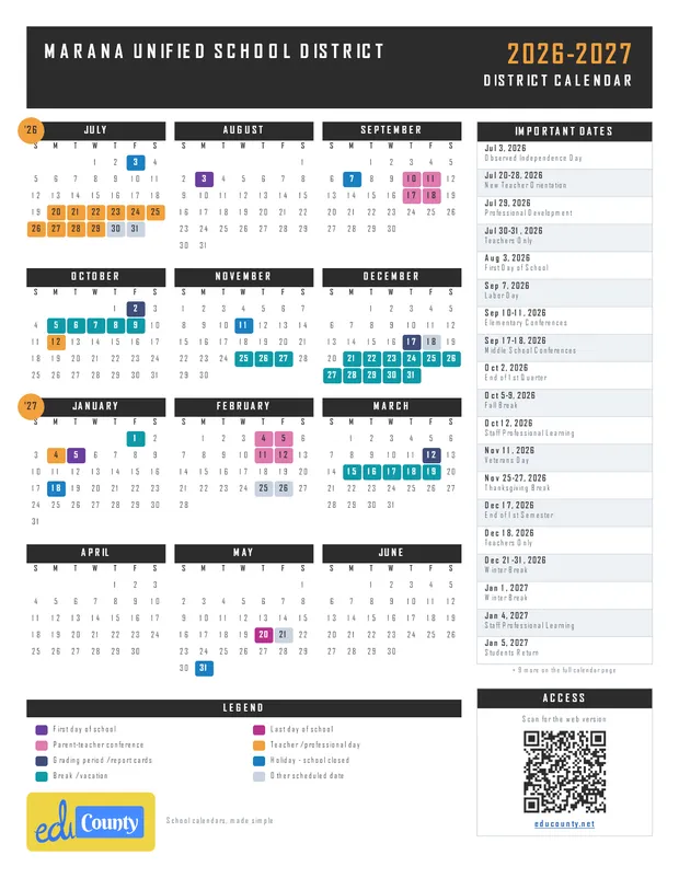 Marana Unified School District printable 2026-27 calendar
