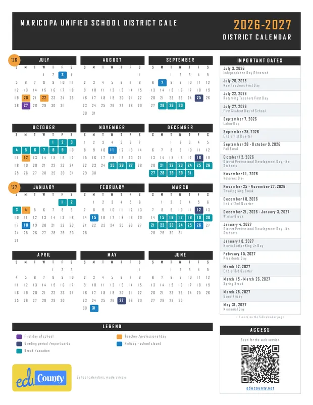 Maricopa Unified School District Cale printable 2026-27 calendar