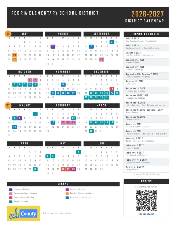 Peoria Elementary School District printable 2026-27 calendar