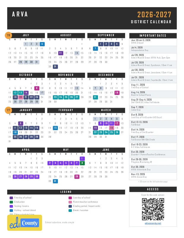 ARVA printable 2026-27 calendar