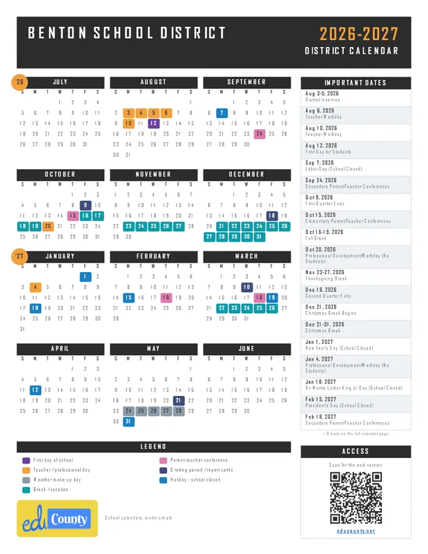 Benton School District printable 2026-27 calendar